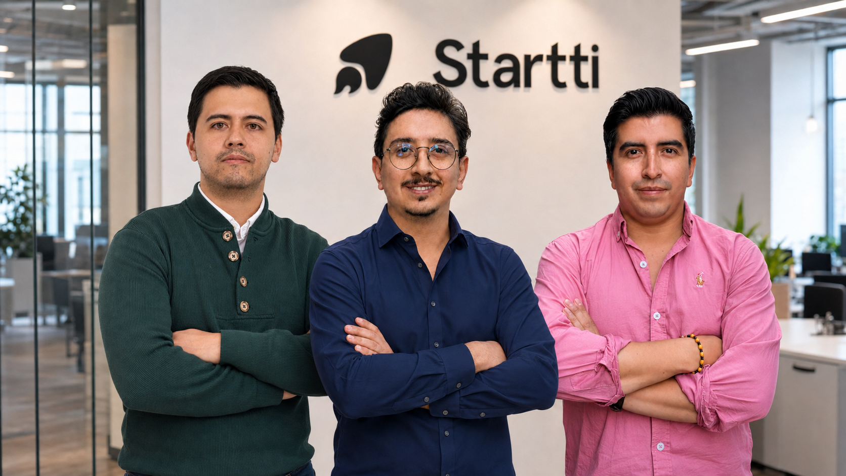 Equipo fundador de Startti frente al logo de la compañía en sus oficinas